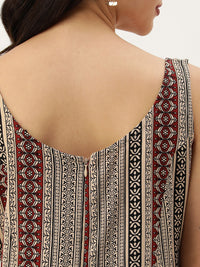 Beige Striped Printed Sleeveless Dress