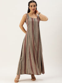 Beige Striped Printed Sleeveless Dress
