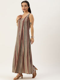Beige Striped Printed Sleeveless Dress