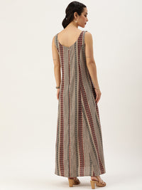 Beige Striped Printed Sleeveless Dress