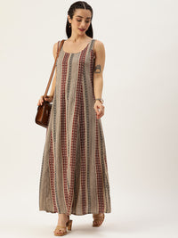 Beige Striped Printed Sleeveless Dress