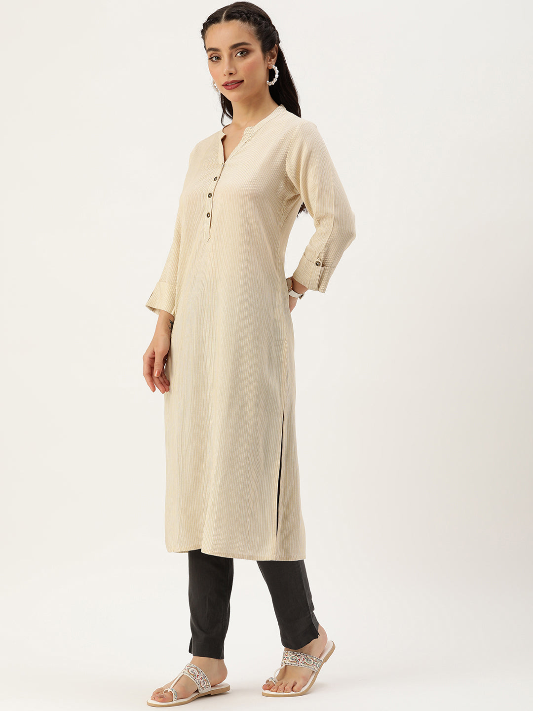 Beige Striped Straight Cut Kurta