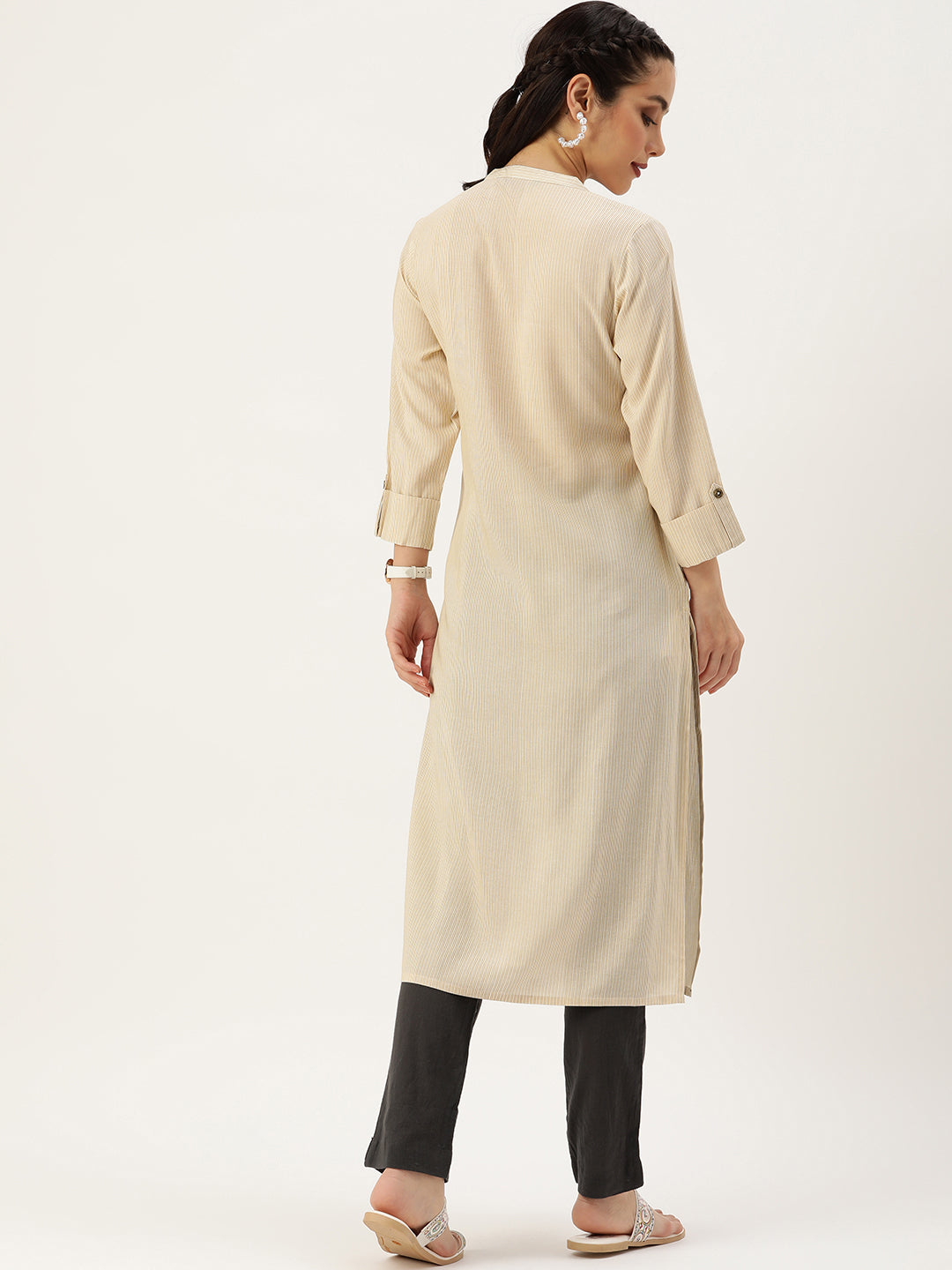Beige Striped Straight Cut Kurta