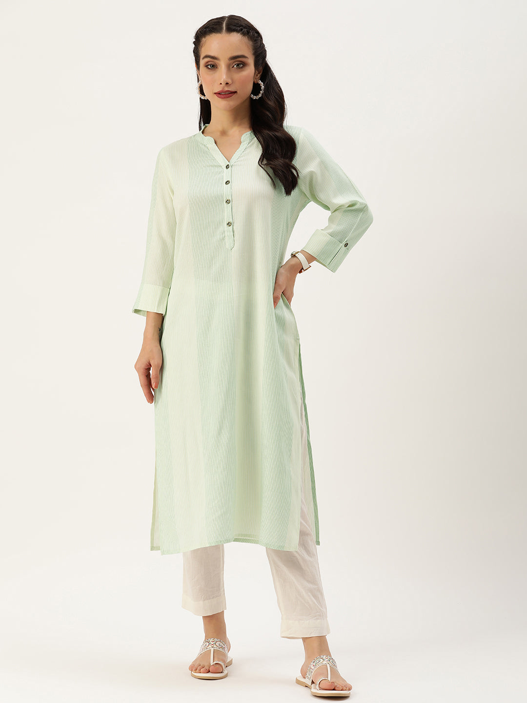 Green & Beige Striped Straight Cut Kurta