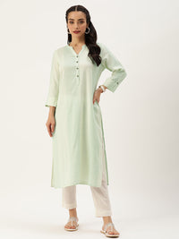 Green & Beige Striped Straight Cut Kurta