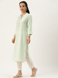 Green & Beige Striped Straight Cut Kurta
