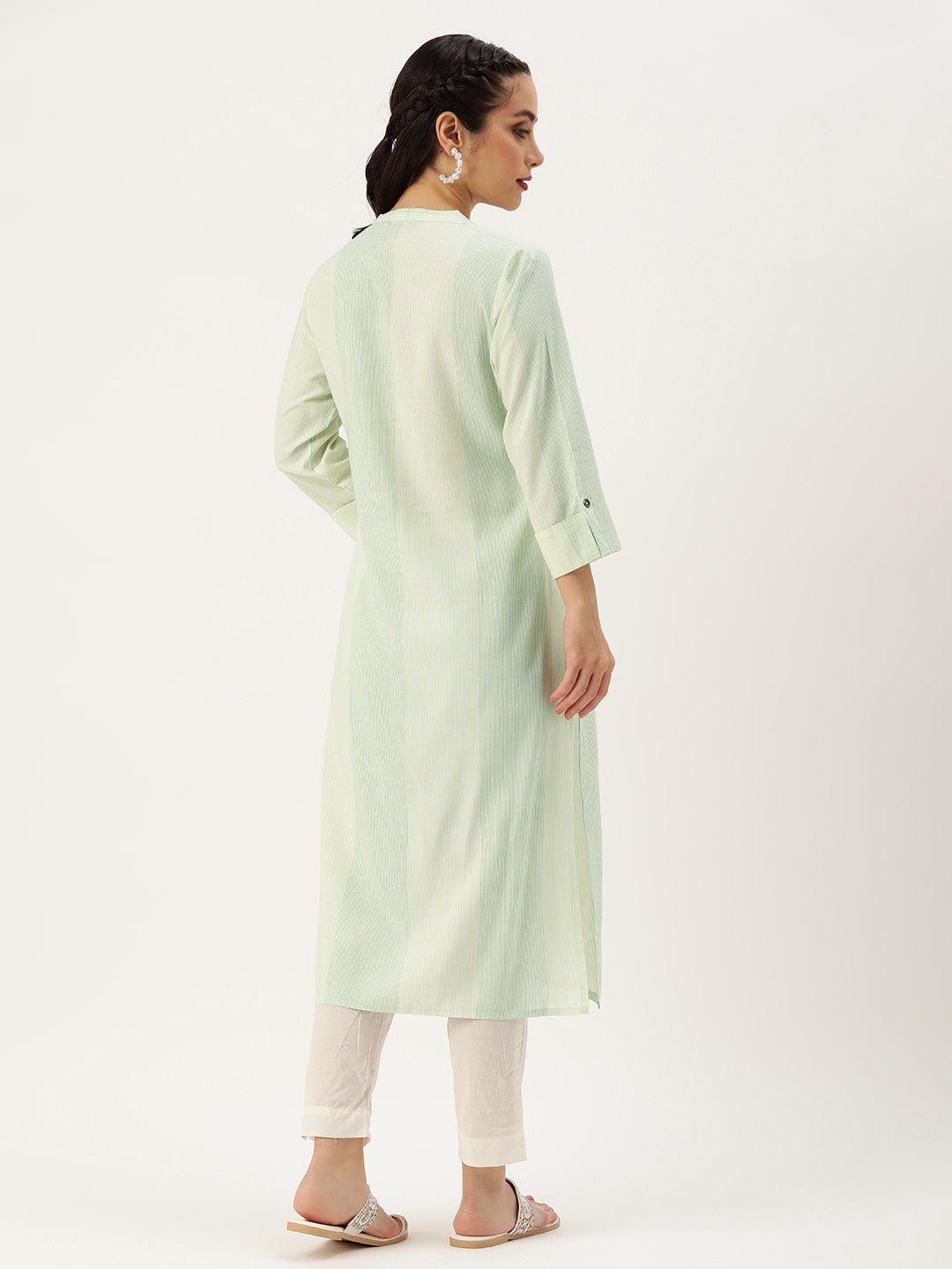 Green & Beige Striped Straight Cut Kurta