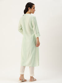 Green & Beige Striped Straight Cut Kurta