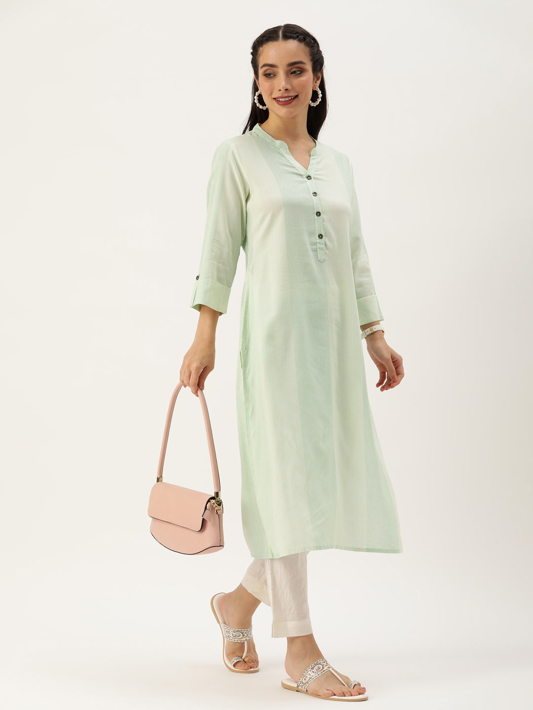 Green & Beige Striped Straight Cut Kurta