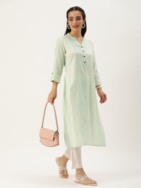 Green & Beige Striped Straight Cut Kurta