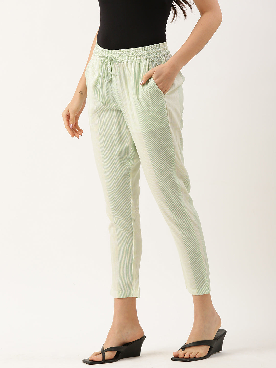 Beige & Green Striped Pencil Pant