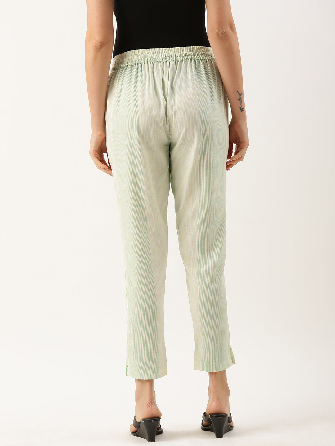 Beige & Green Striped Pencil Pant