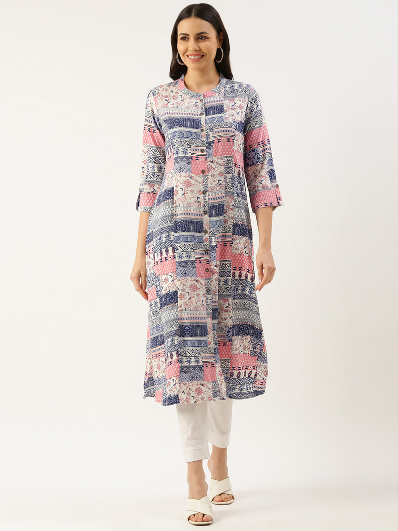 White Ethnic Motifs Printed A-line Princess Cut kurta