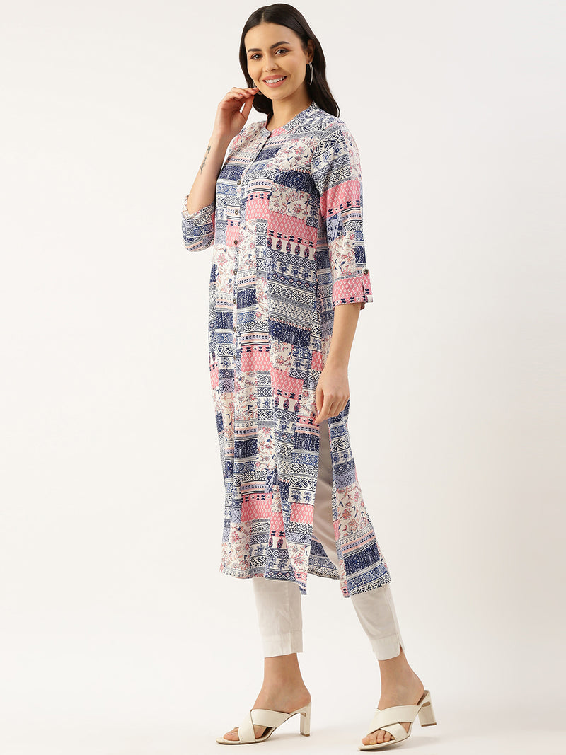 White Ethnic Motifs Printed A-line Princess Cut kurta