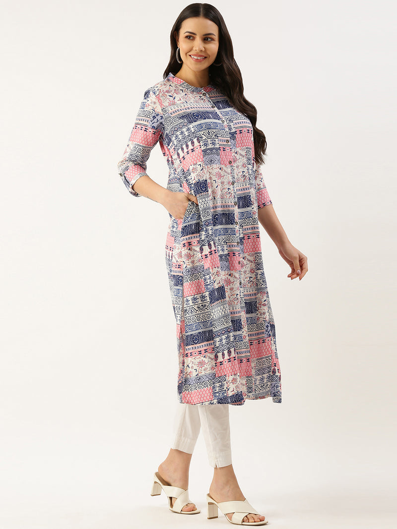 White Ethnic Motifs Printed A-line Princess Cut kurta