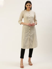 Beige & Black Printed A-Line  Kurta