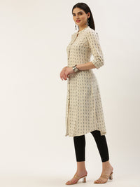 Beige & Black Printed A-Line  Kurta