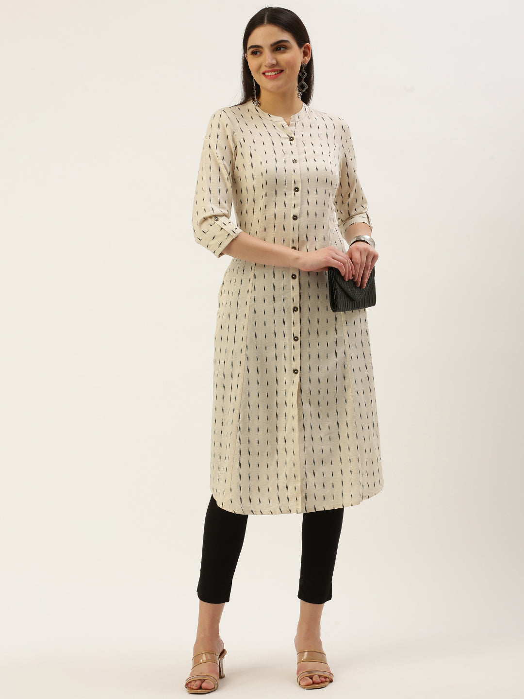 Beige & Black Printed A-Line  Kurta