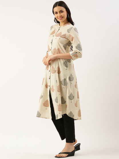 Beige Ethnic Motifs Printed Princess Cut Kurta