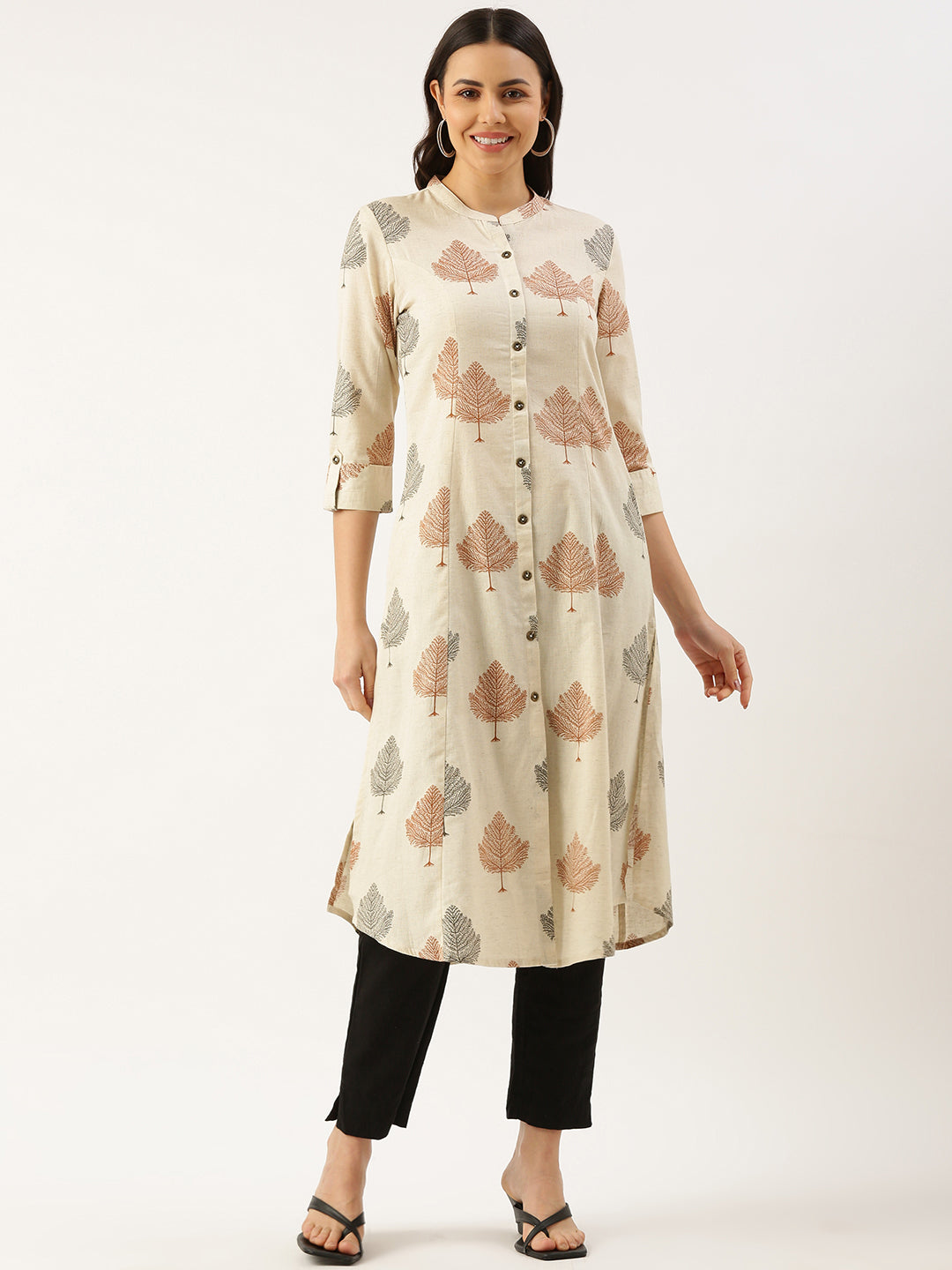 Beige Ethnic Motifs Printed Princess Cut Kurta