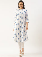 White & Blue Floral Printed A-line Kurta
