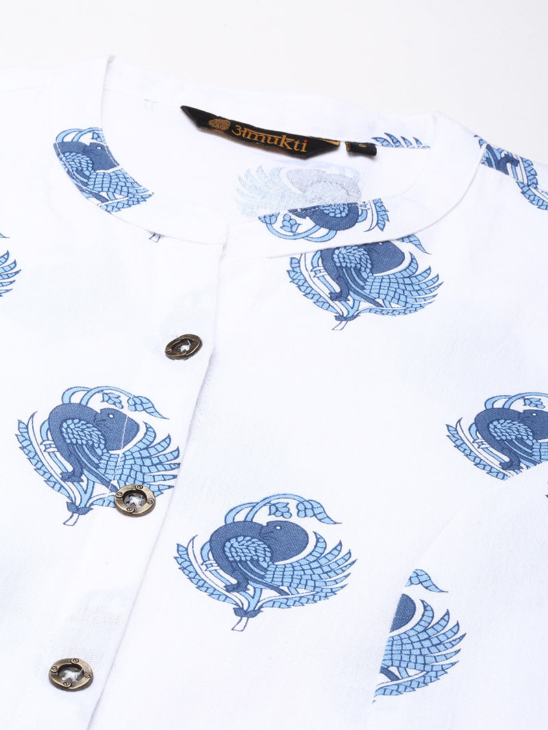 White & Blue Floral Printed A-line Kurta