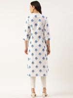 White & Blue Floral Printed A-line Kurta