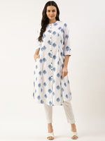 White & Blue Floral Printed A-line Kurta