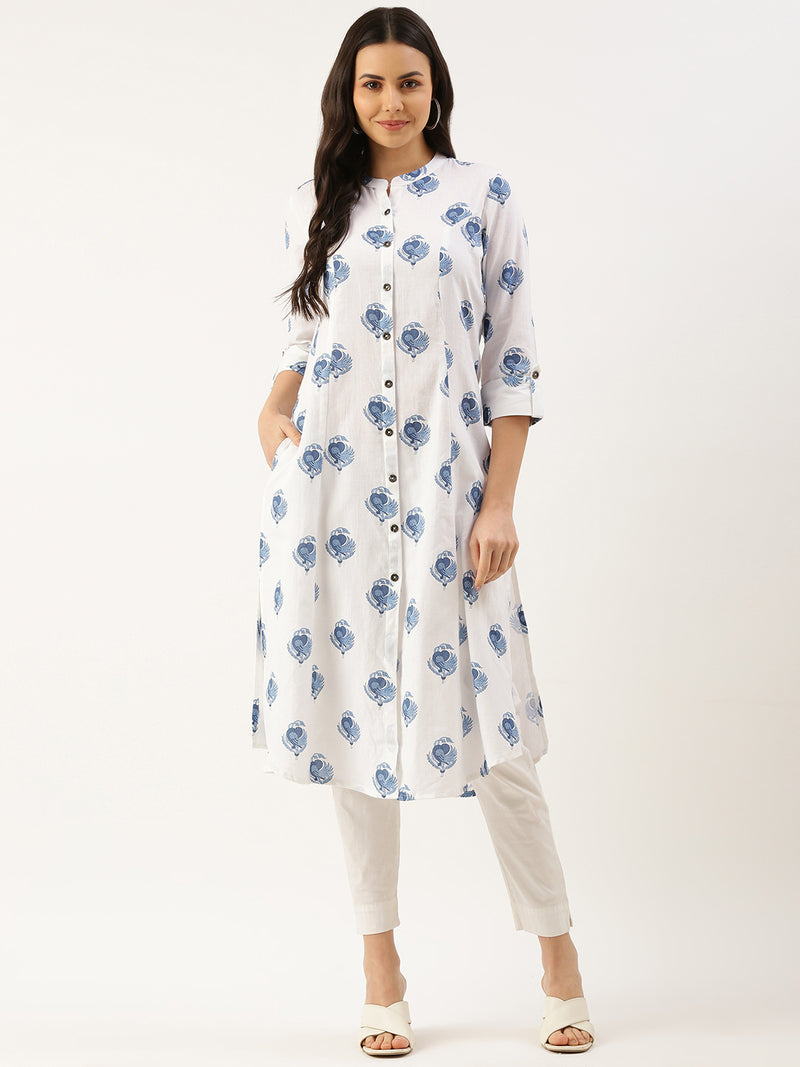White & Blue Floral Printed A-line Kurta