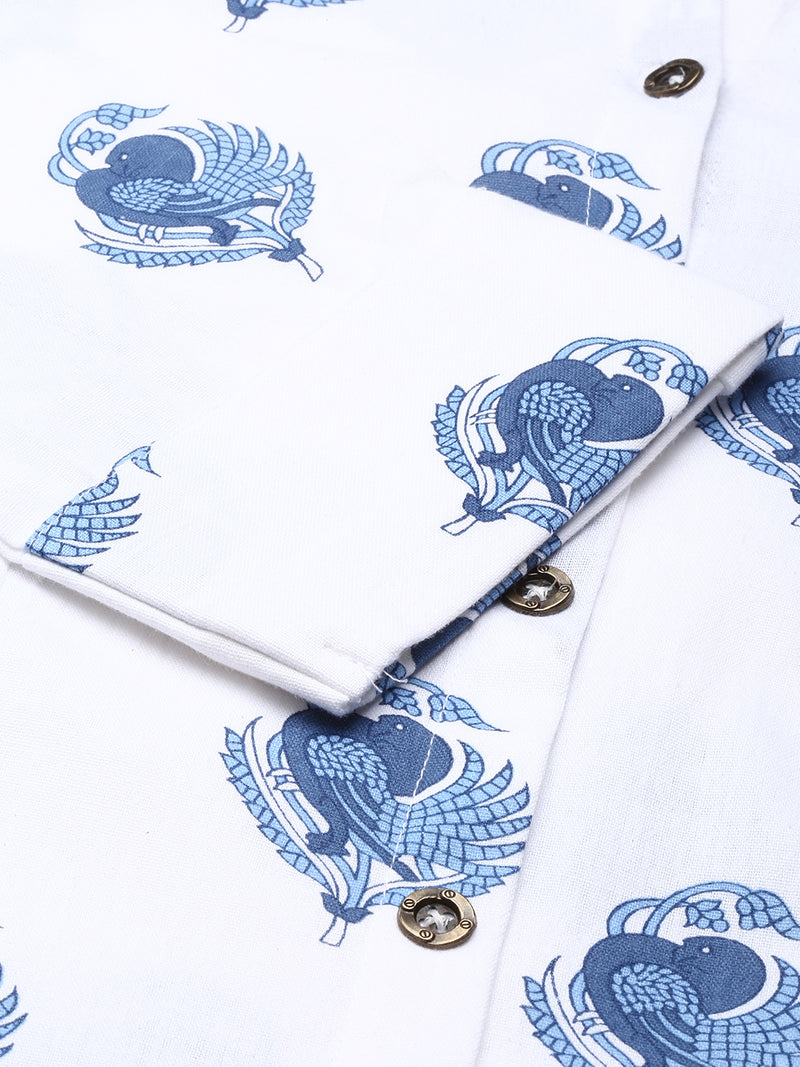 White & Blue Floral Printed A-line Kurta