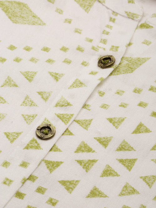 White & Beige Geometric  Design A-Line Kurta