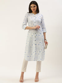 White & Blue Geometric  Design A-Line Kurta