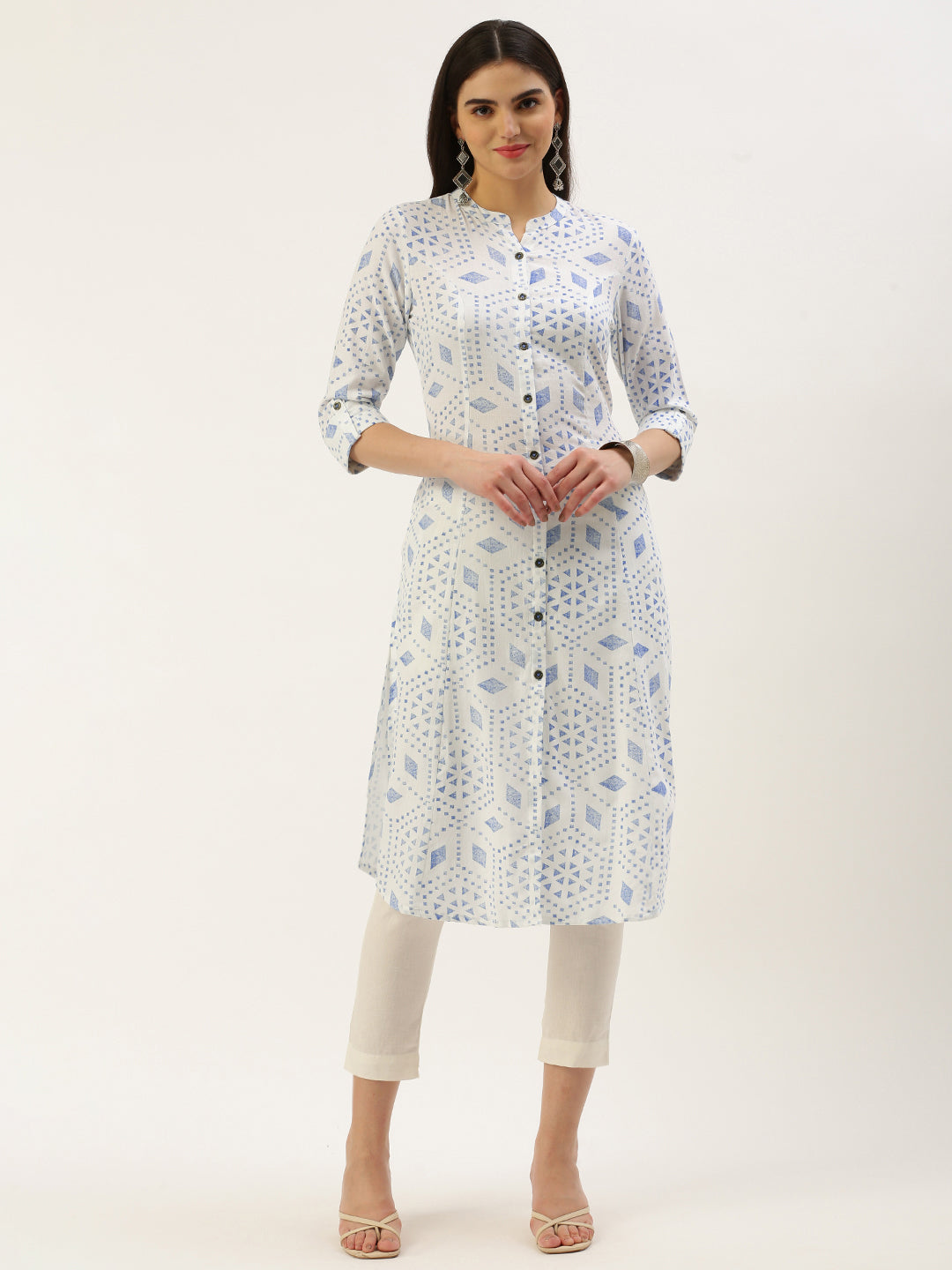 White & Blue Geometric  Design A-Line Kurta