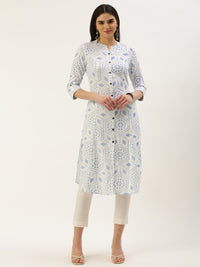 White & Blue Geometric  Design A-Line Kurta