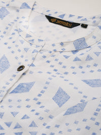White & Blue Geometric  Design A-Line Kurta