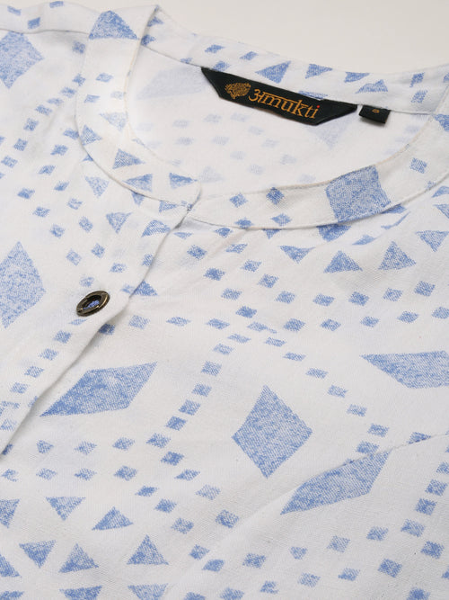 White & Blue Geometric  Design A-Line Kurta