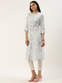 White & Blue Geometric  Design A-Line Kurta