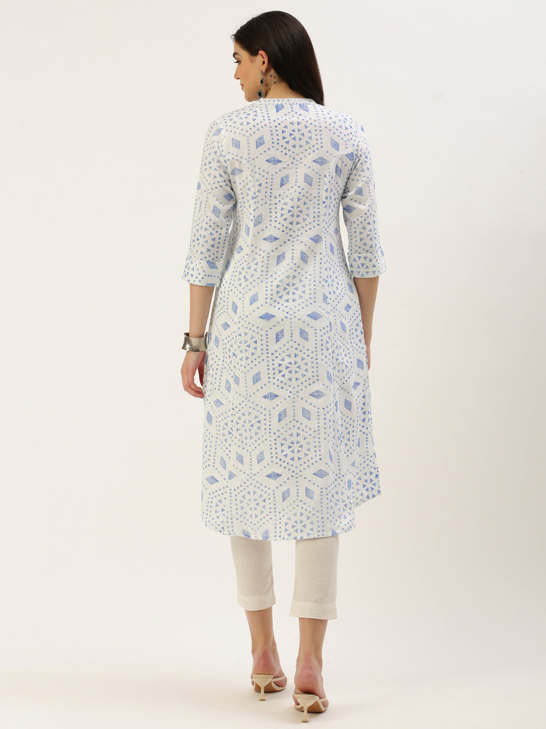 White & Blue Geometric  Design A-Line Kurta