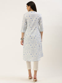 White & Blue Geometric  Design A-Line Kurta