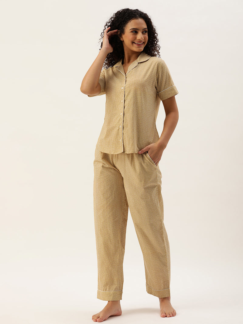 Beige Pure Cotton Zig Zag Design Sleepwear