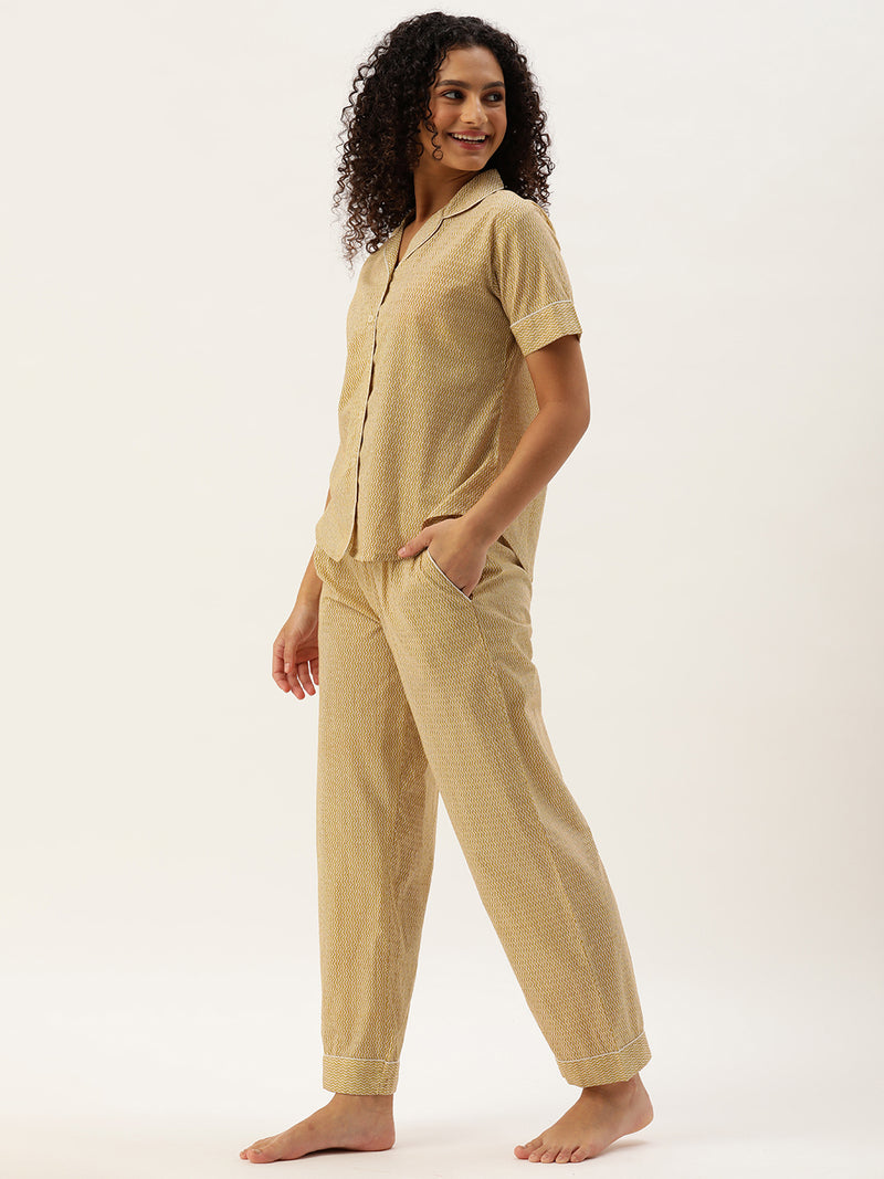 Beige Pure Cotton Zig Zag Design Sleepwear