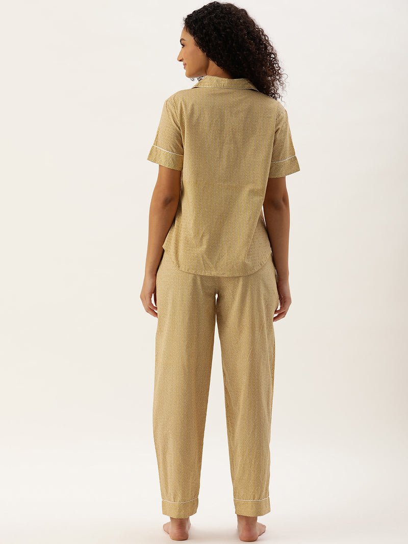 Beige Pure Cotton Zig Zag Design Sleepwear