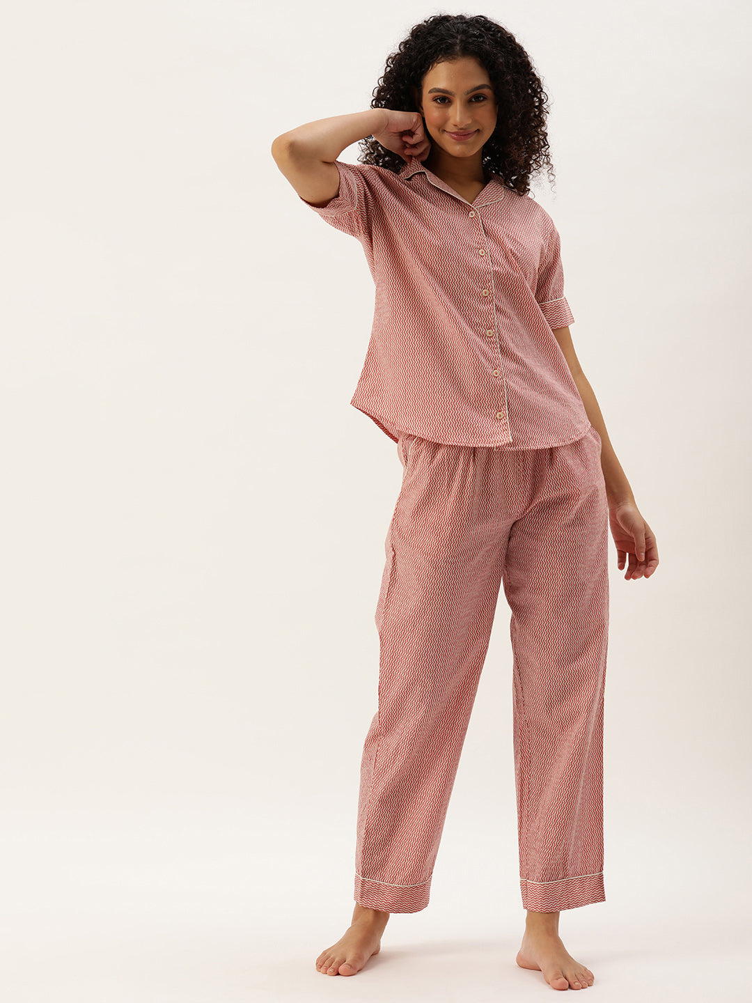 Red Pure Cotton Zig Zag Design Sleepwear
