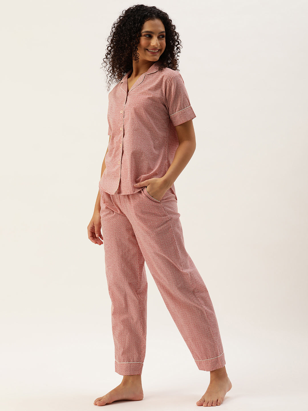 Red Pure Cotton Zig Zag Design Sleepwear