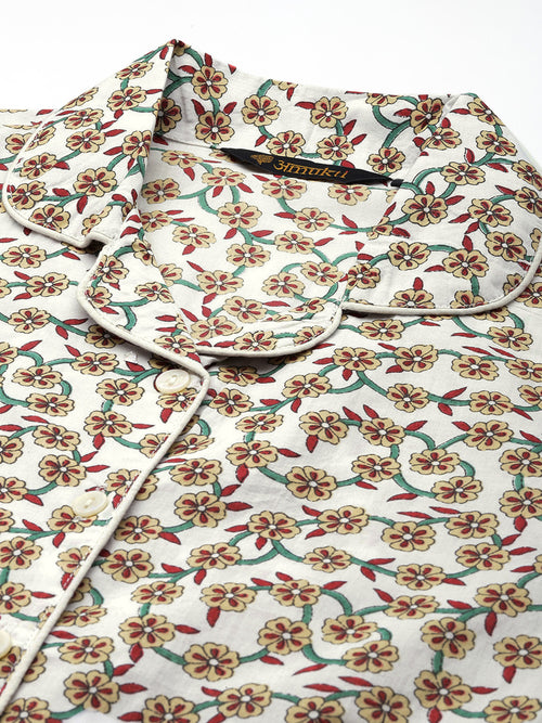 Off White Floral Printed Sleepwear