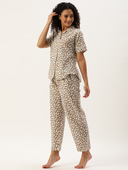 Off White Floral Printed Sleepwear