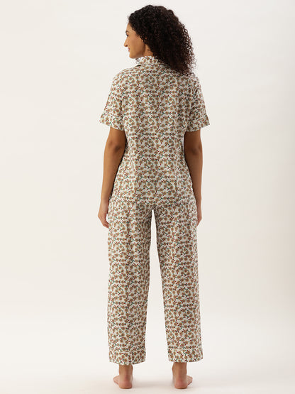 Off White Floral Printed Sleepwear