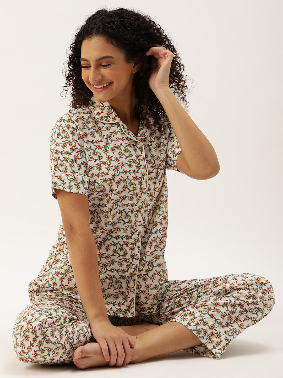 Off White Floral Printed Sleepwear
