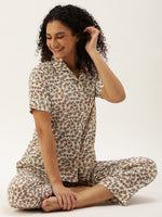 Off White Floral Printed Sleepwear