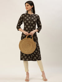 Brown Floral Printed A-Line Kurta